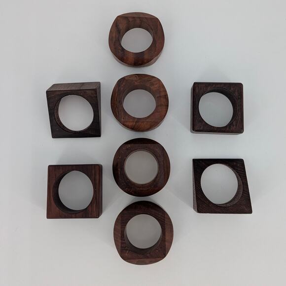 Wood Napkin Rings Set of 8 Faceted Geometric Solid VTG MCM Dinner Table Decor - Picture 7 of 9